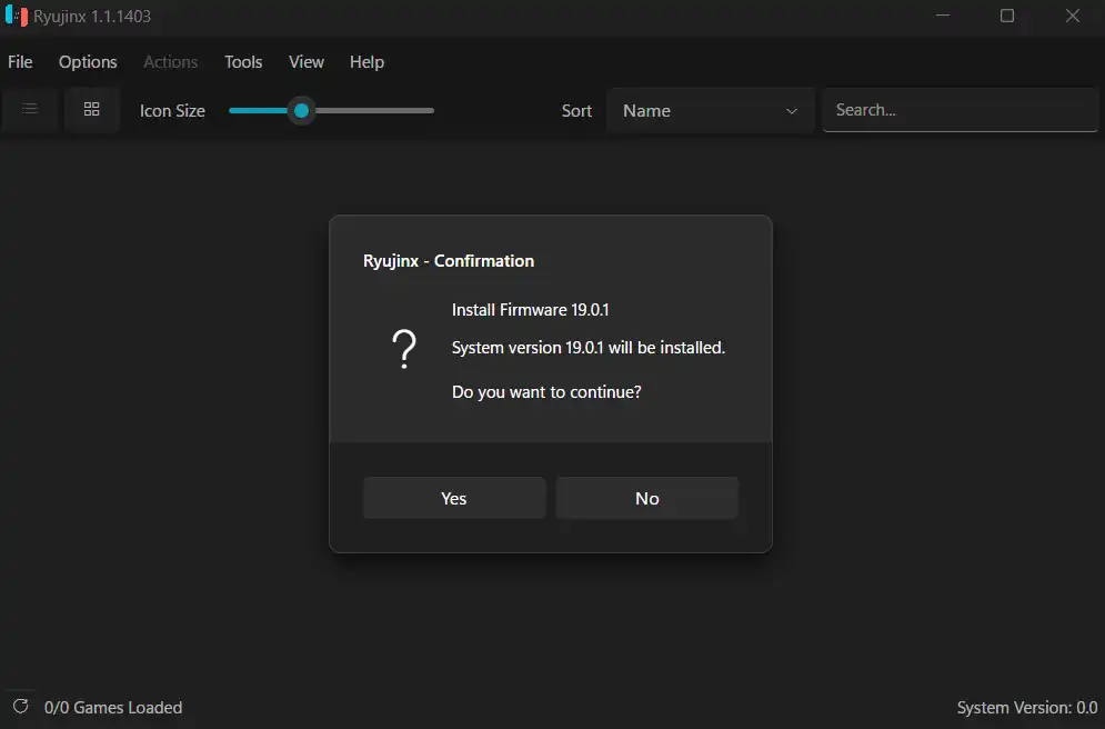 Ryujinx firmware installation window